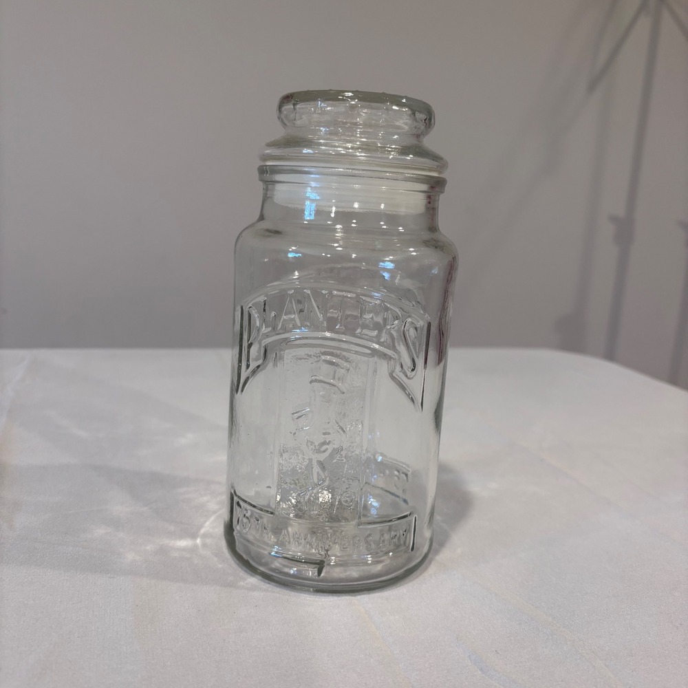Planters Peanut Jar Glass 75th Anniversary Mr. Peanut Embossed Vintage